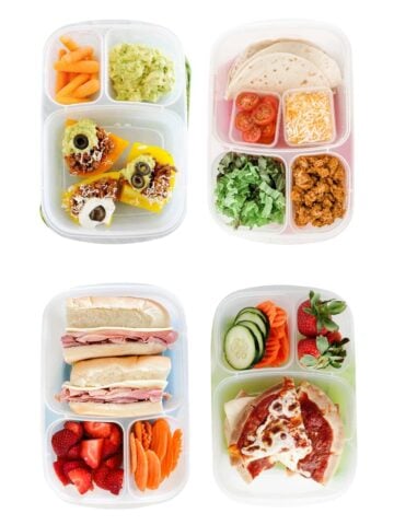four school lunchboxes flolating in a white background