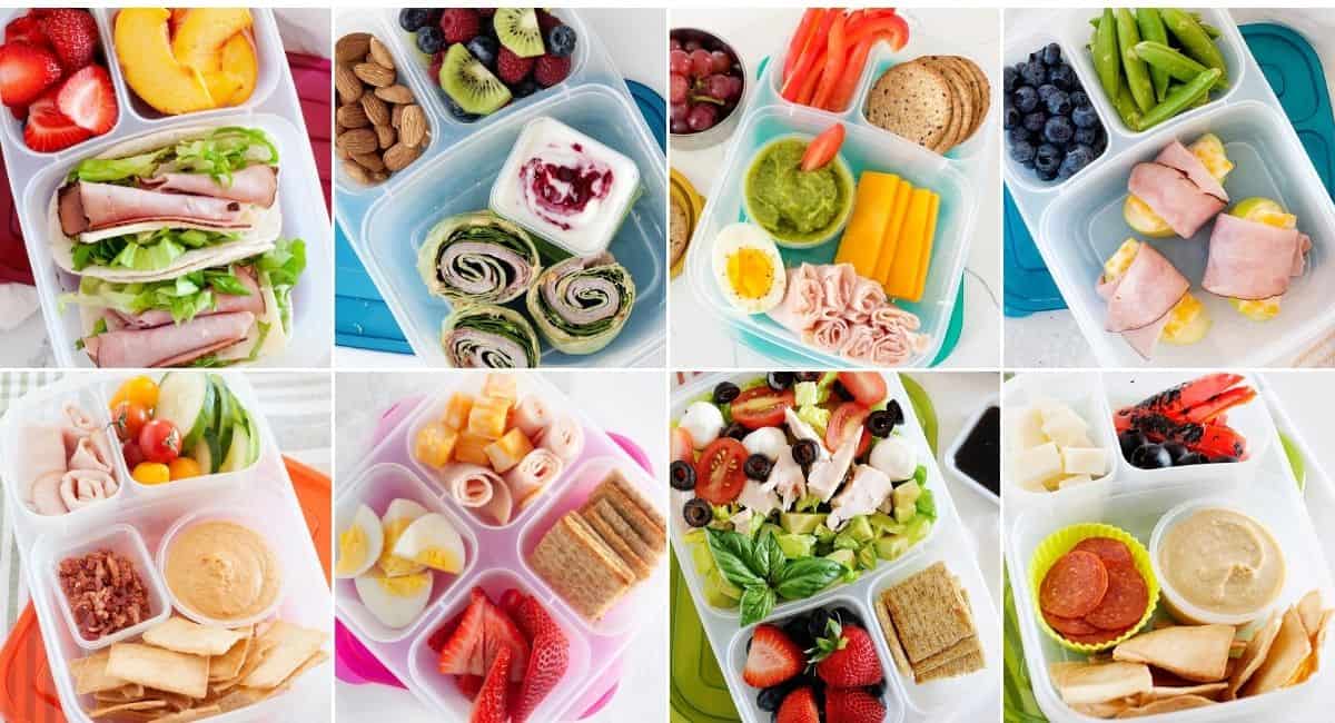 collage with eight images of cold lunches for kids