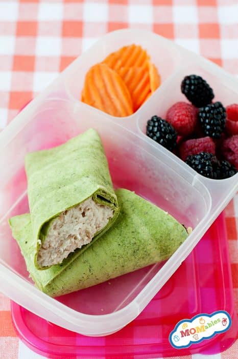 image: chicken salad wrap in a lunchbox with carrot slices and berries.