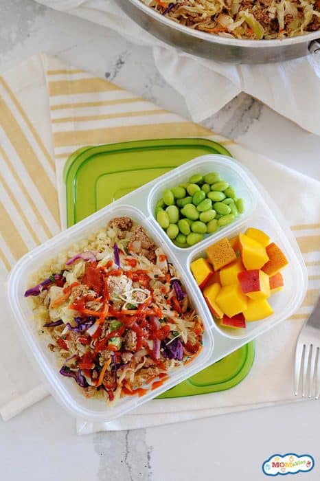 Image: eggroll in a bowl served in a lunch container with cubed mango and steamed edamame.