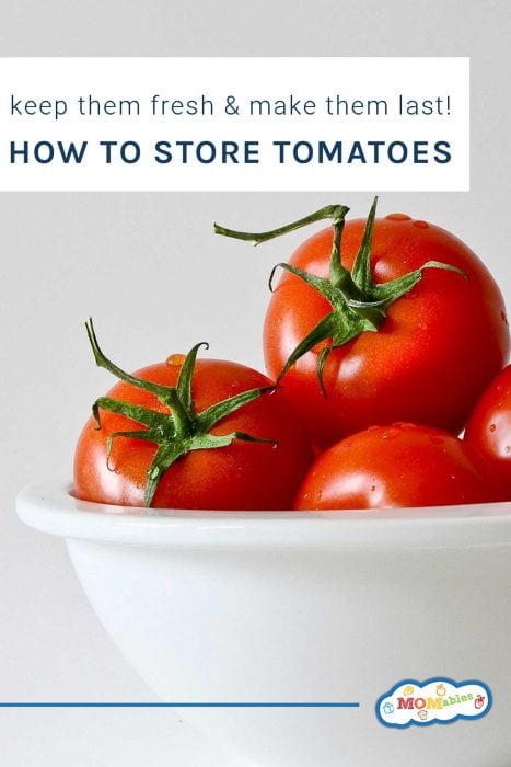 ripe tomatoes in a white bowl with text overlay.