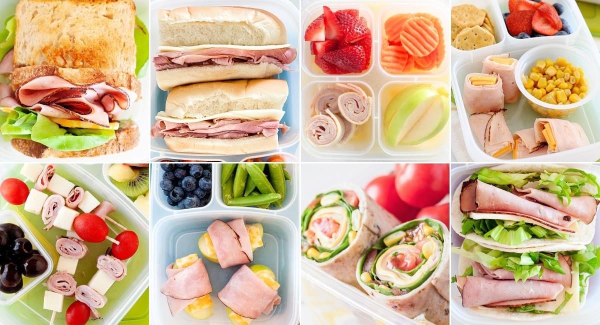 image collage of eight school lunches made with ham