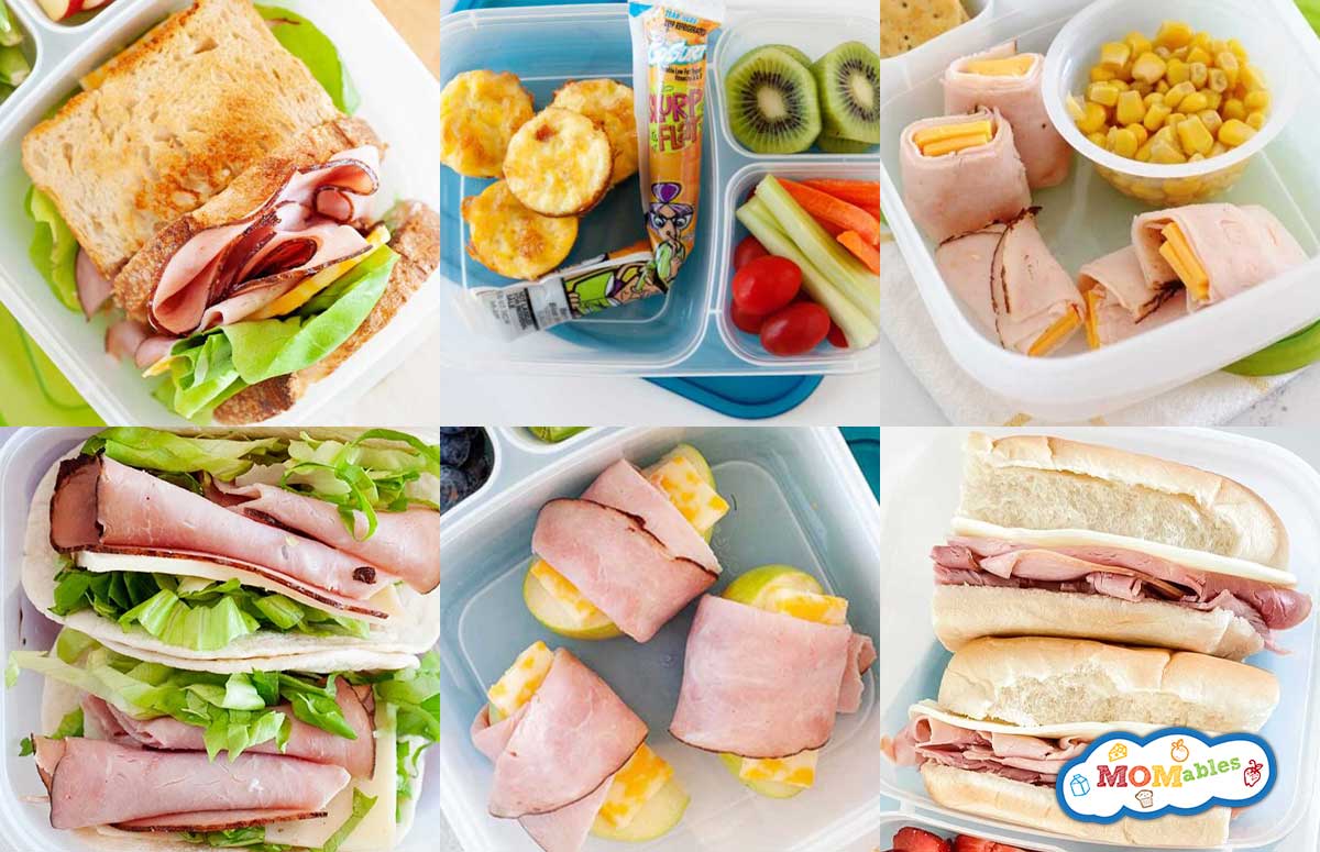 an image collage of six school lunch ideas with ham