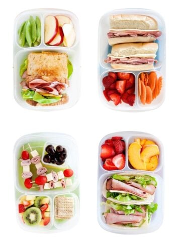 four school lunchboxes floating in a white background
