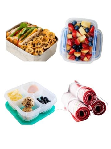 4 image collage with healthy snack ideas for kids parents can make and pack for school