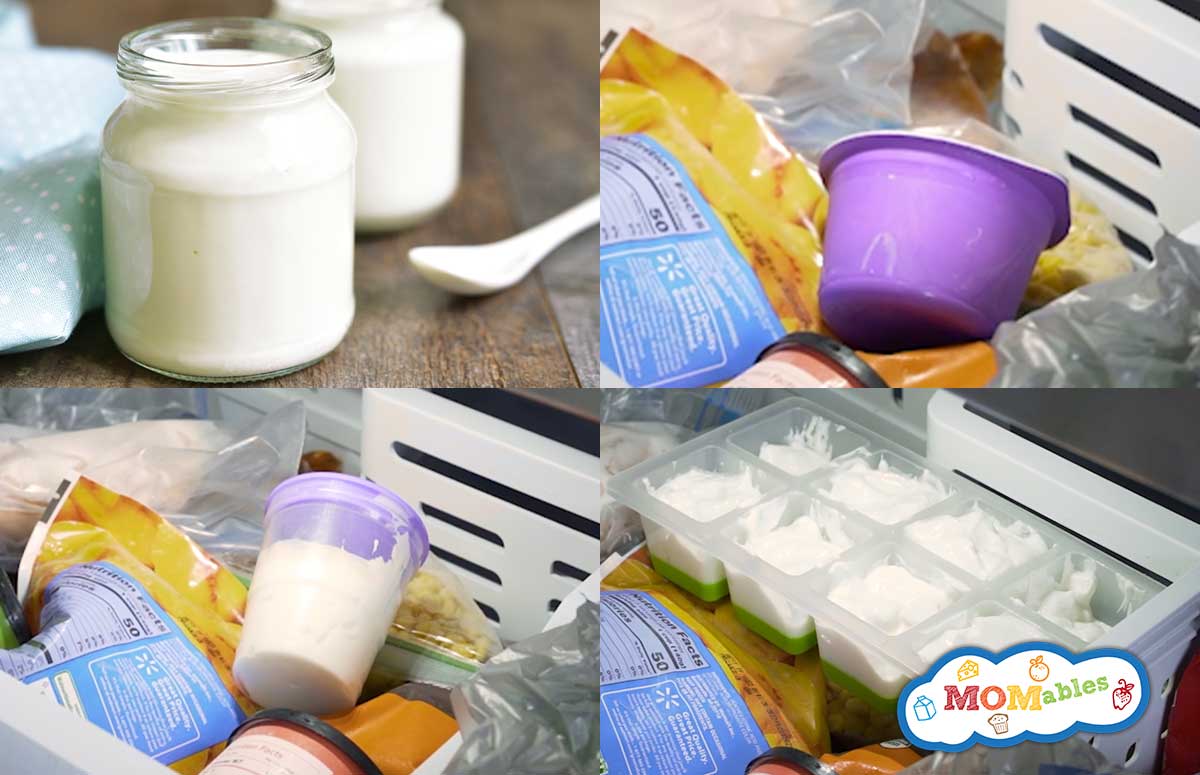 four photo collage showing how to freeze yogurt