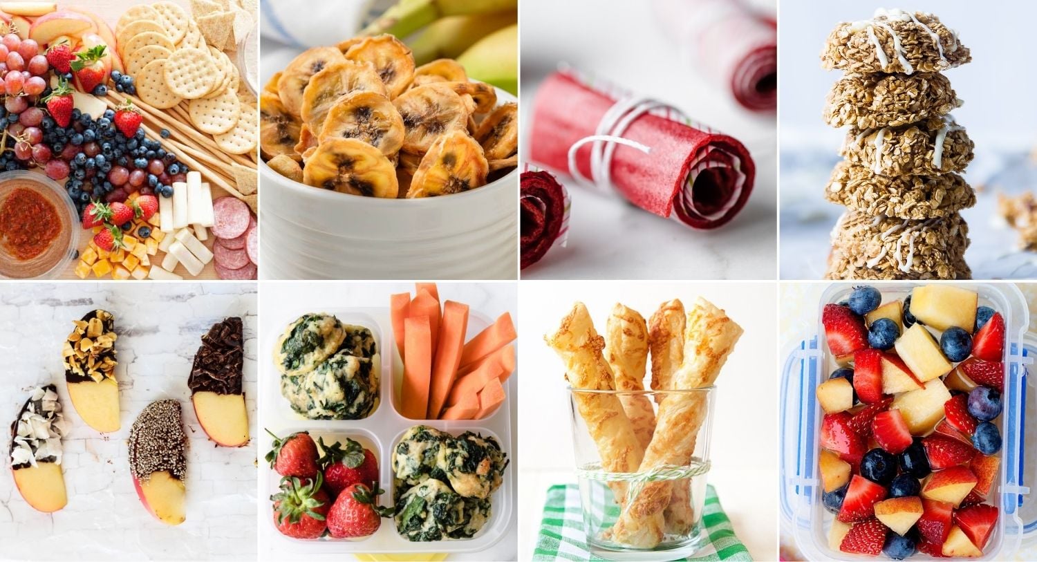 collage image of eight after school snack ideas
