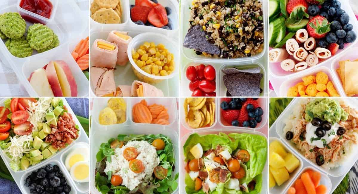 collage of eight images of gluten free school lunches