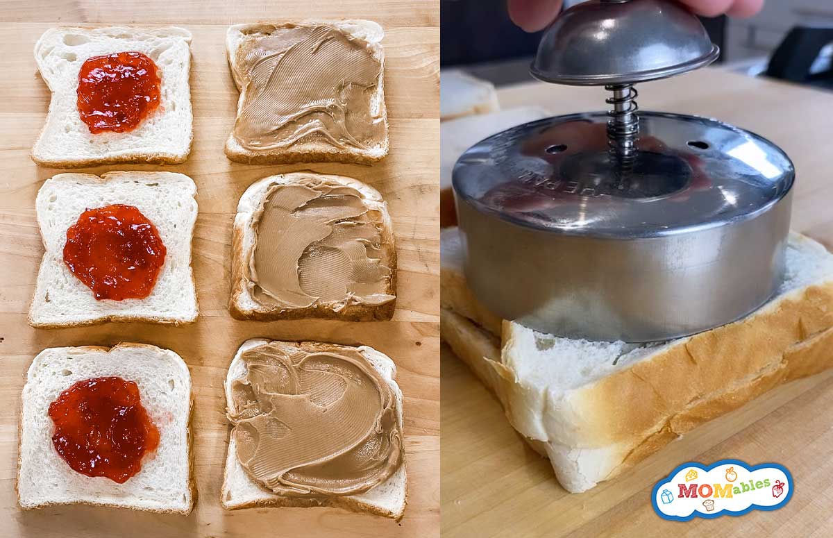 collage of photos making uncrustables at home: six toast bread on a kitchen counter, three of them have peanut butter on them, three of them have jelly on them