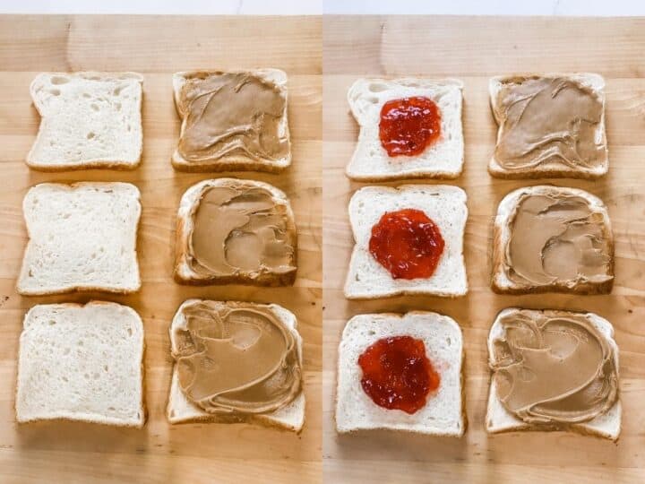 overhead view of making peanut butter and jelly uncrustables on a board