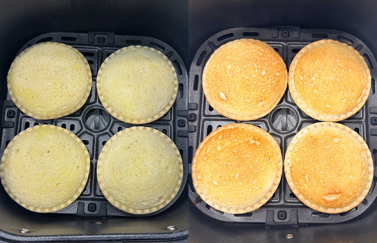 four uncrustables in an air fryer before and after cooking