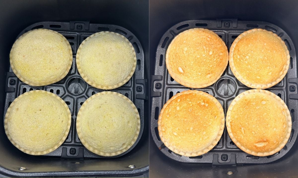 side by side image of air frying uncrustables. on left before cooking, sprayed, on right after air frying