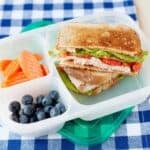 A grilled turkey sandwich packed into a lunch container with berries and carrots.