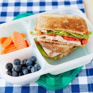 A grilled turkey sandwich packed into a lunch container with berries and carrots.