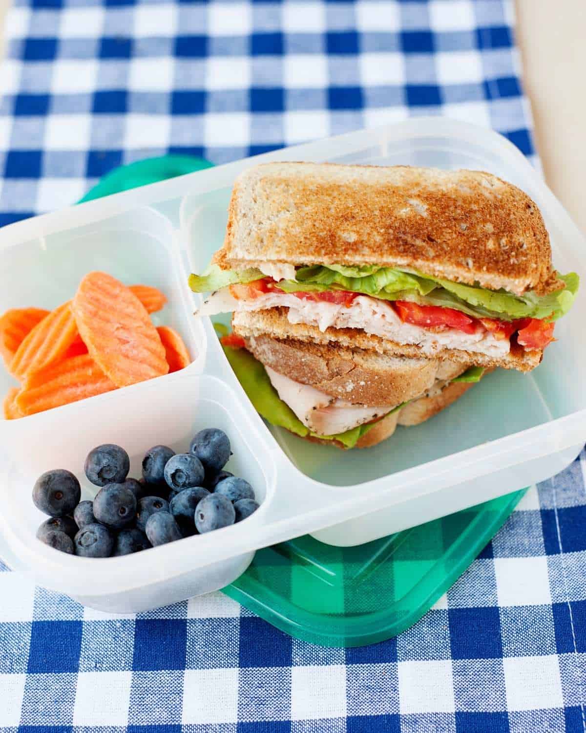 A grilled turkey sandwich packed into a lunch container with berries and carrots.