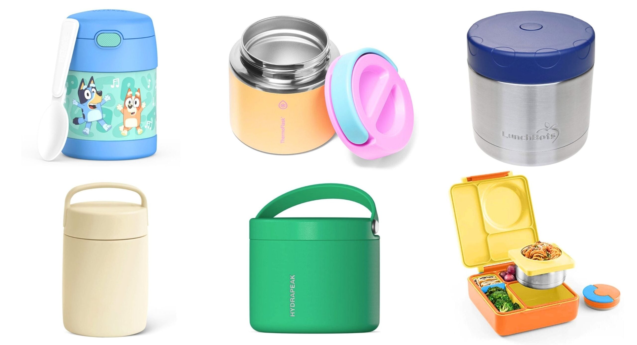 six thermos floating in a white background