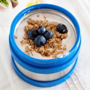 A thermos container filled with yogurt and topped with granola and blueberries.