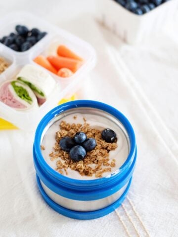 A thermos container filled with yogurt and topped with granola and blueberries.