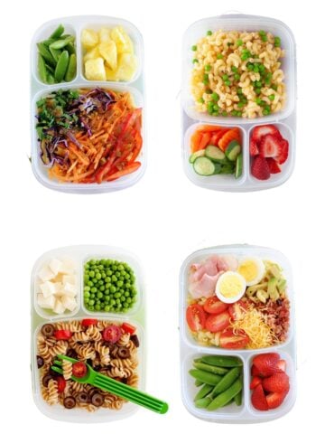 four lunch ideas with pasta in lunch containters floating in a white background