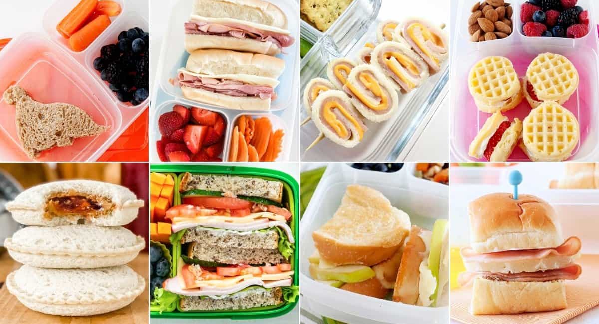 image collage with eight pictures of school lunch sandwiches for kids