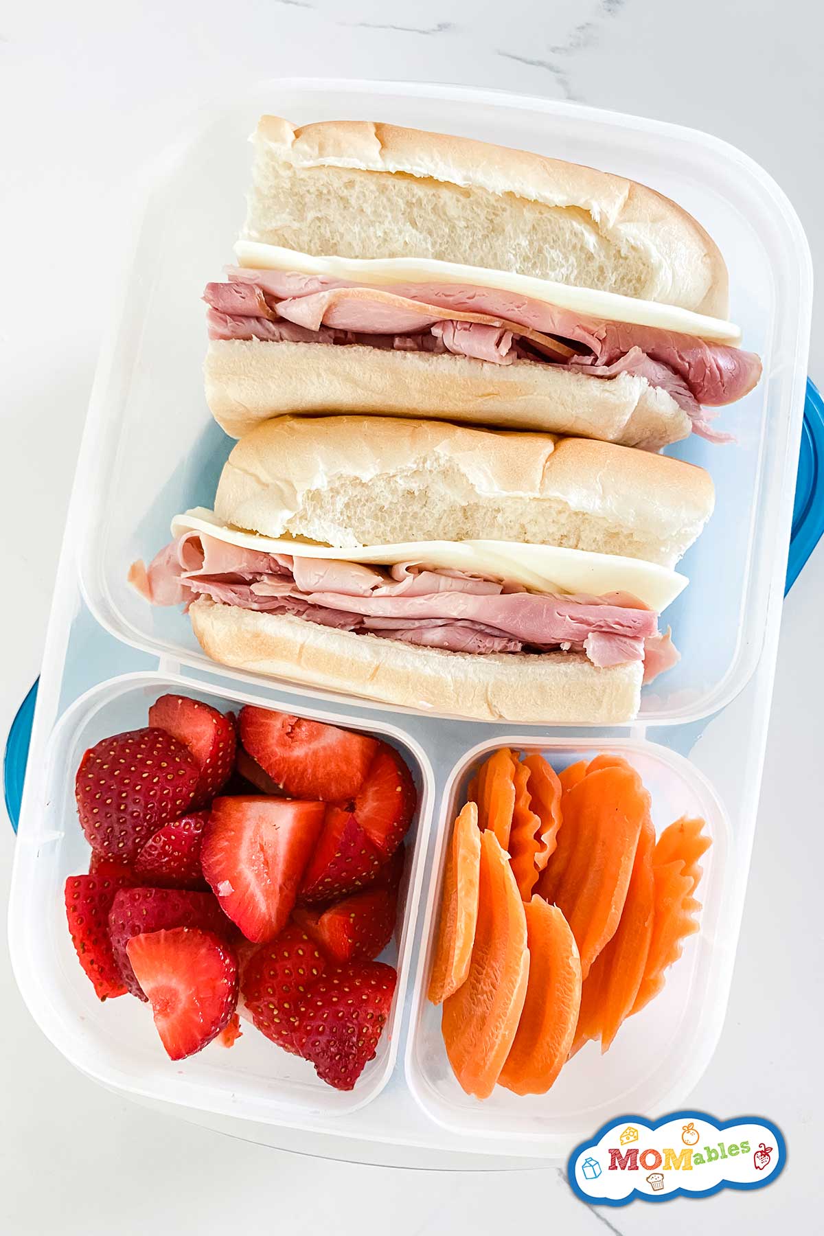 ham and cheese hoagie in a lunchbox with strawberries and carrots