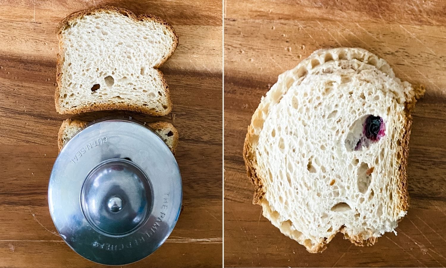 side by side photos of gluten-free uncrustables being made with canyon bakehouse's bread