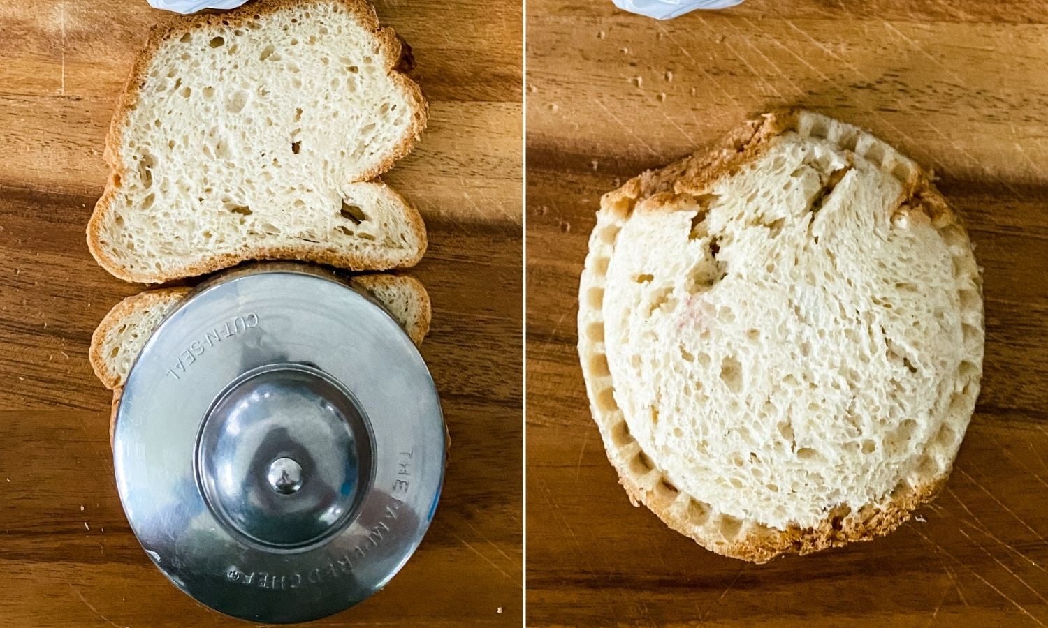 side by side photos of gluten-free uncrustables being made with sam's bread