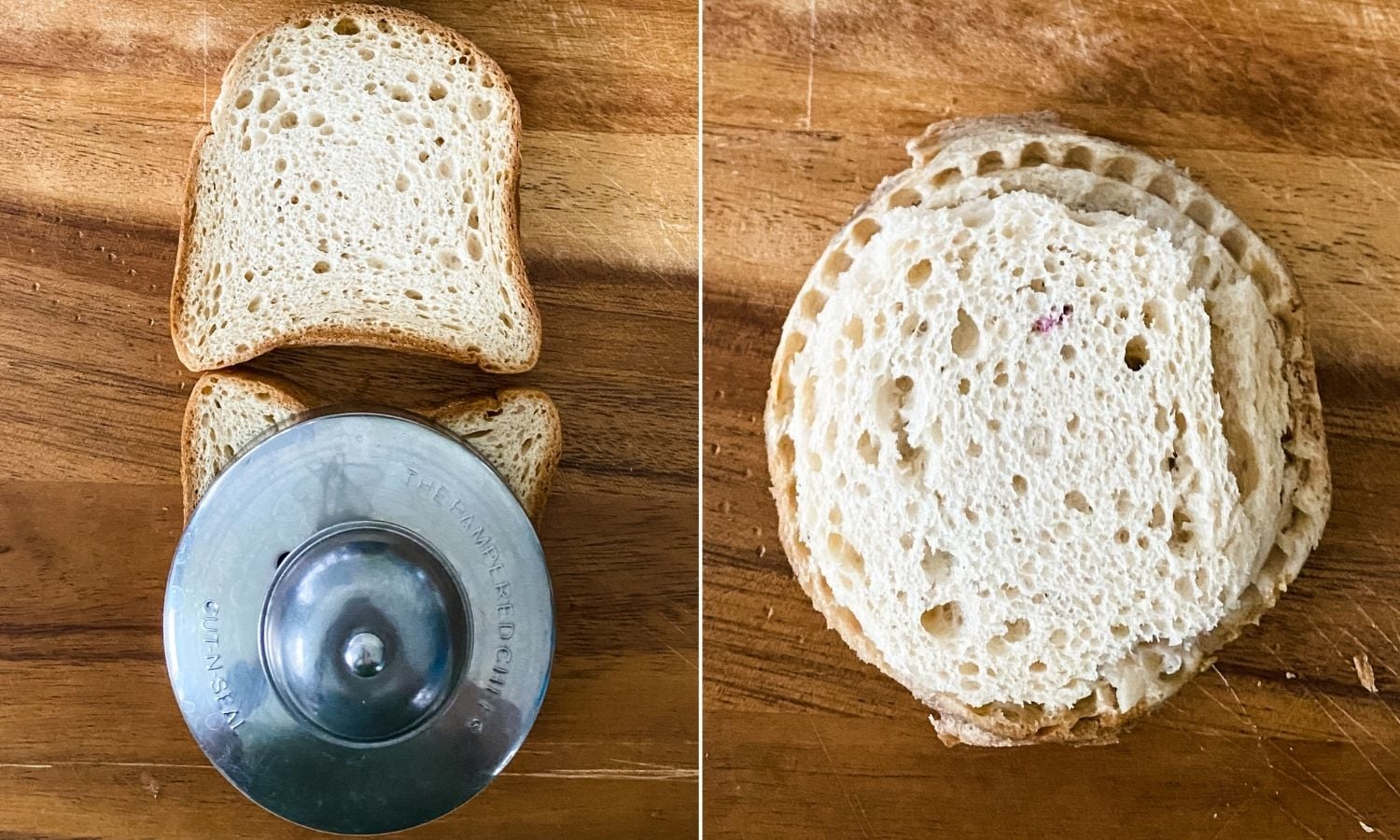 side by side photos of gluten-free uncrustables being made with schar artisan's bread