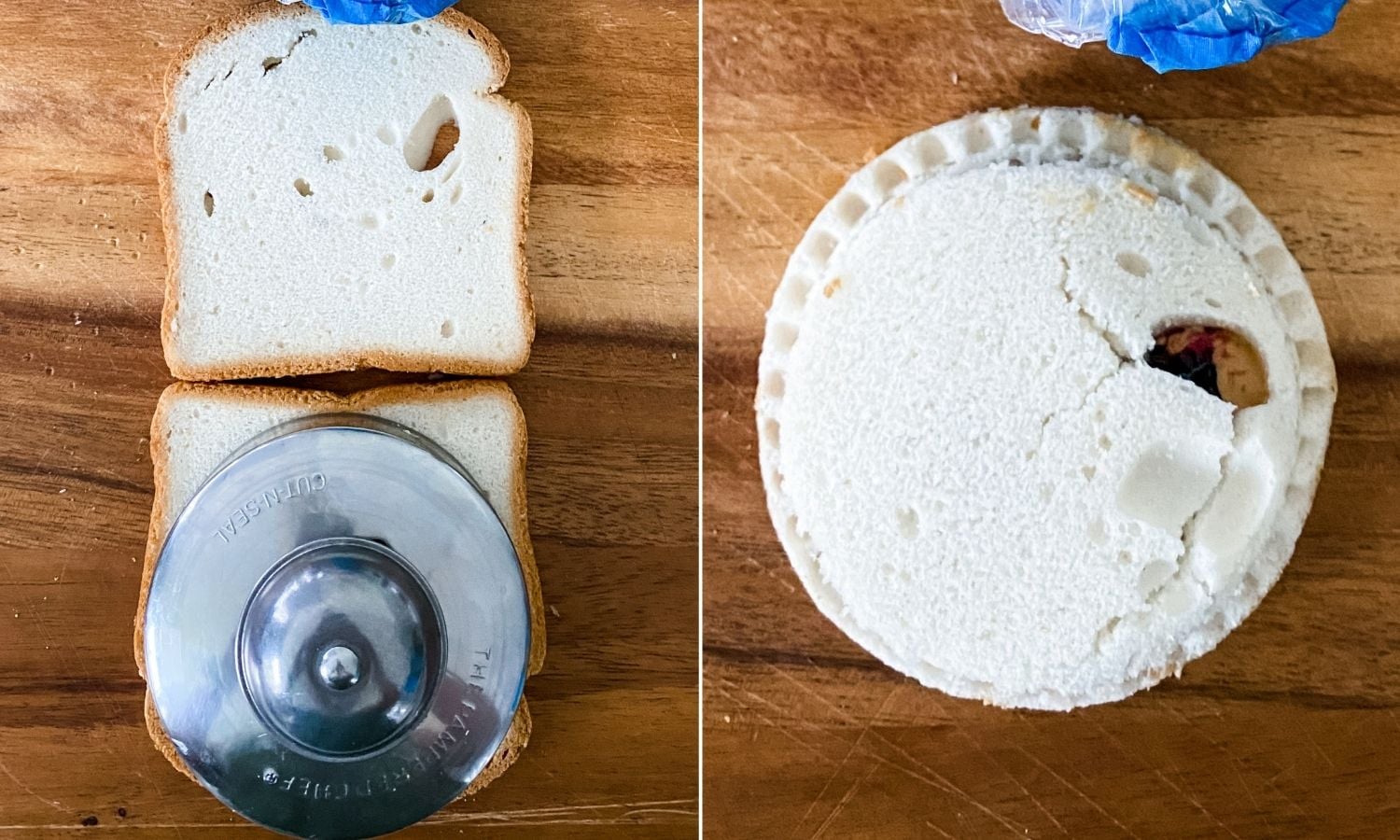 side by side photos of gluten-free uncrustables being made with udi's bread