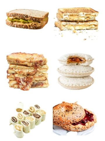 six peanut butter sandwiches floating in a white background