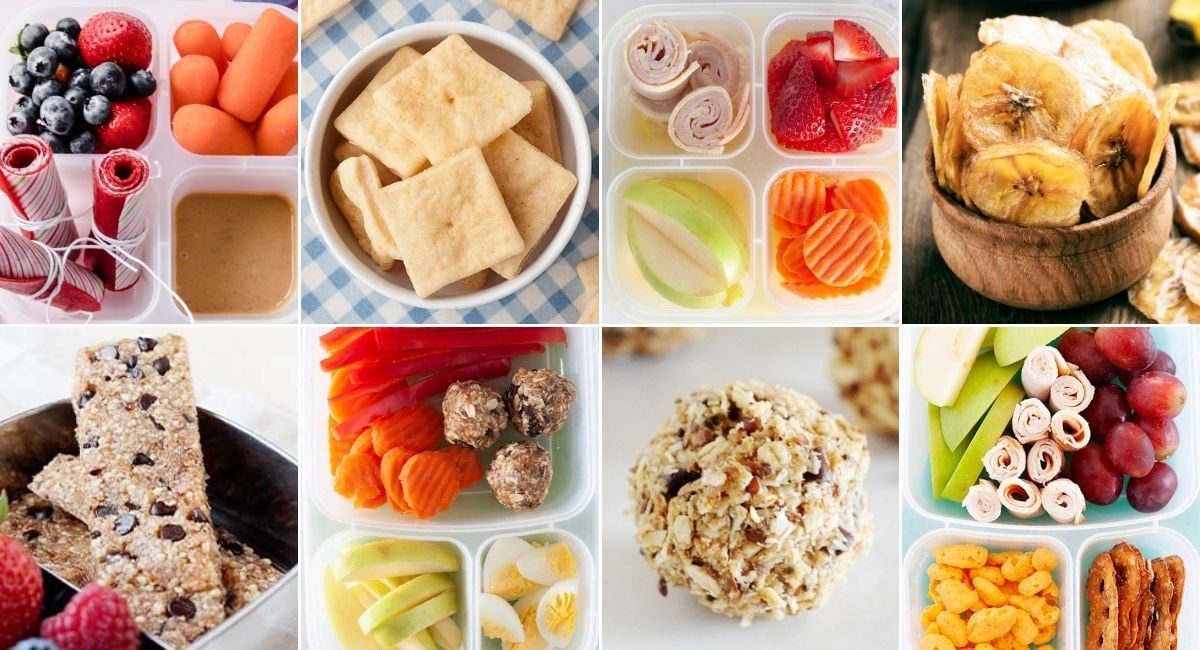 collage image with eight kindergarten snack ideas