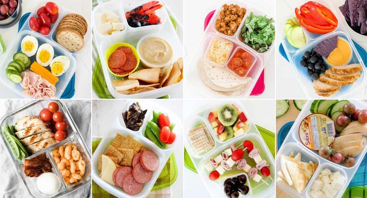 image collage with eight pictures of school lunchboxes