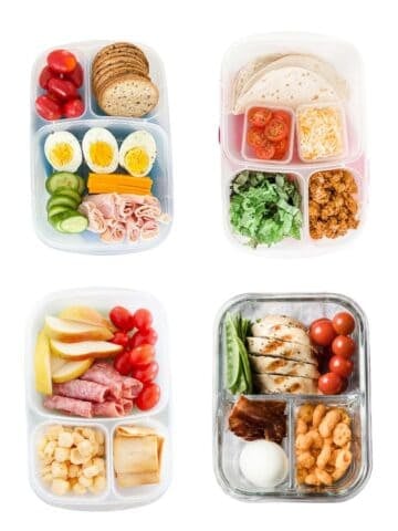 four lunchboxes floating on a white background