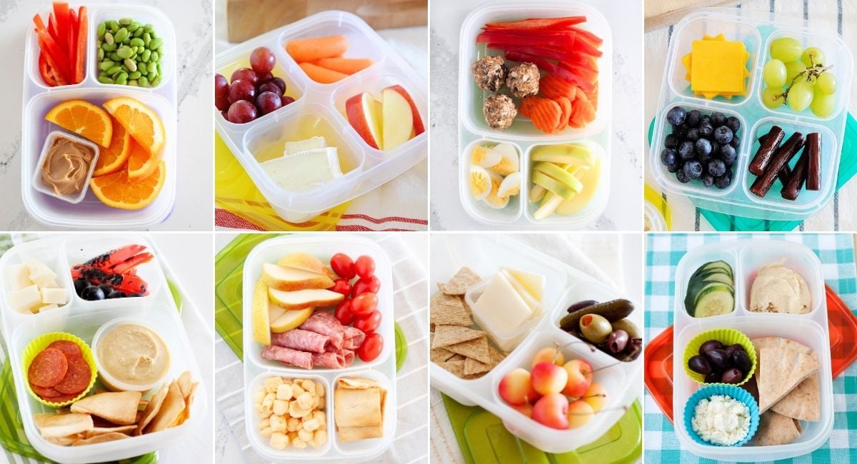 collage image of eight bento box snack ideas