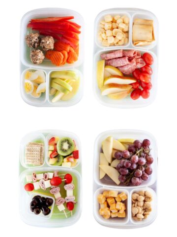 four bento box snacks floating in a white background