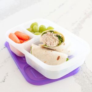 front view of a chicken caesar wrap inside a lunch box, packed with grapes and carrots for a healthy school lunch