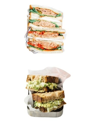 two filling sandwiches floating in a white background