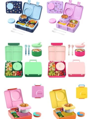 six kids lunchboxes with a thermos floating in a white background