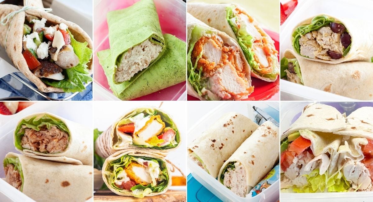 collage image of eight chicken wraps