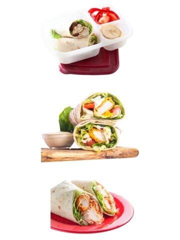 three chicken wraps floating in a white background