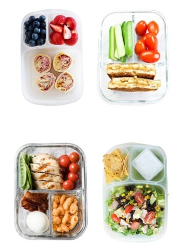 four lunchboxes floating in a white background