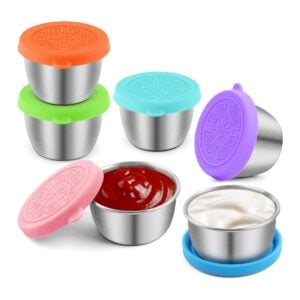six stainless dip containers