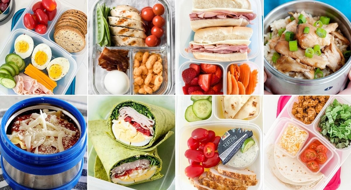 Healthy high protein lunch ideas collage with fresh lunches from wraps, sandwiches, salads, thermos, and more