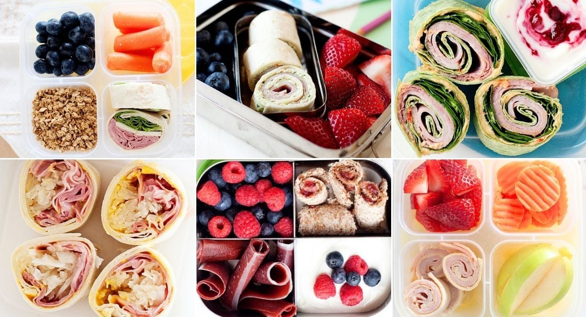 collage image of six pinwheel school lunch ideas