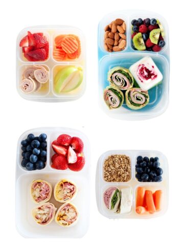 four lunchboxes with pinwheels floating a in white background