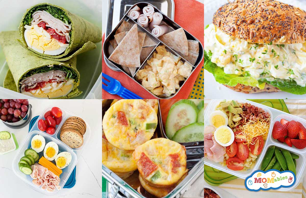 a collage of school lunch ideas with eggs