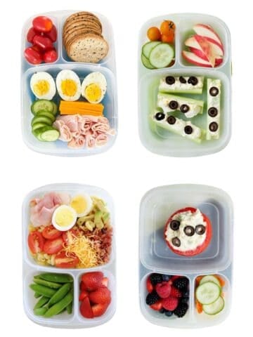 four school lunches floating in a white background