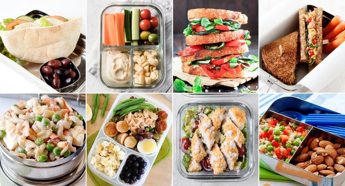 collage image with eight school lunches with vegetables