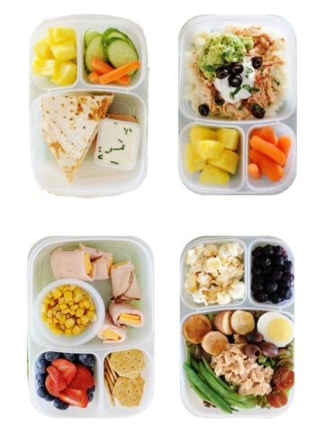four school lunches with vegetables floating in a white background