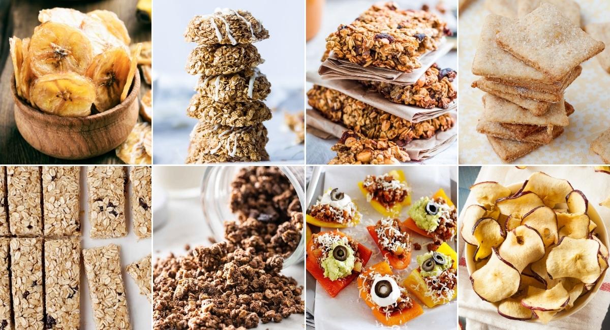 image collage with eight homemade snacks